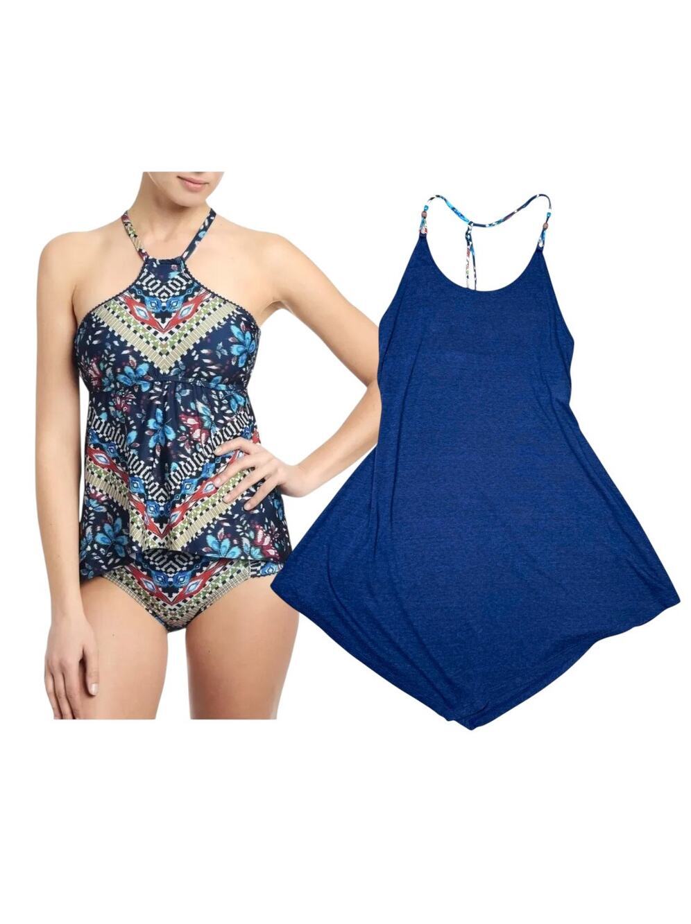 Lucky Brand y2k 00s Halter Tankini Bikini Swim Suit + Cover Up Dress Small